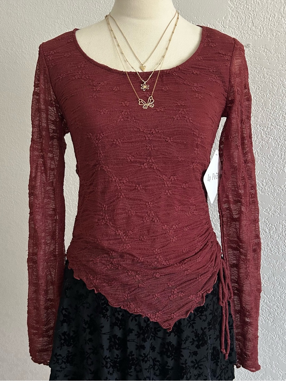 La Peche Whimsigoth Y2K Style Burgundy Asymmetrical Lace Long Sleeve Blouse Top - Picture 2 of 8